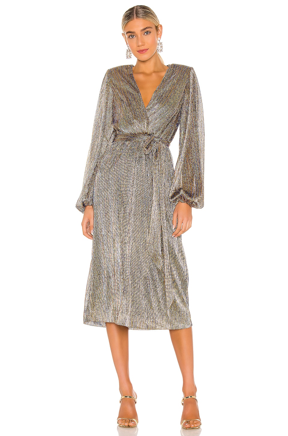 Rebecca Vallance Rivero Long Sleeve Midi Dress in Gold | REVOLVE