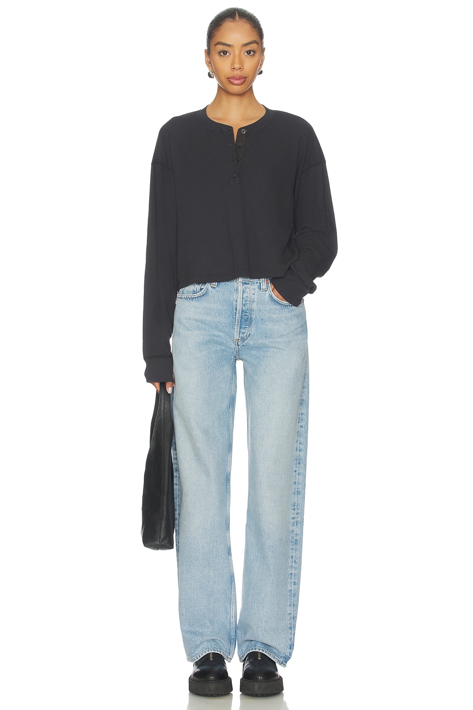 RE/DONE Boxy Waffle Henley Top in Washed Black | REVOLVE