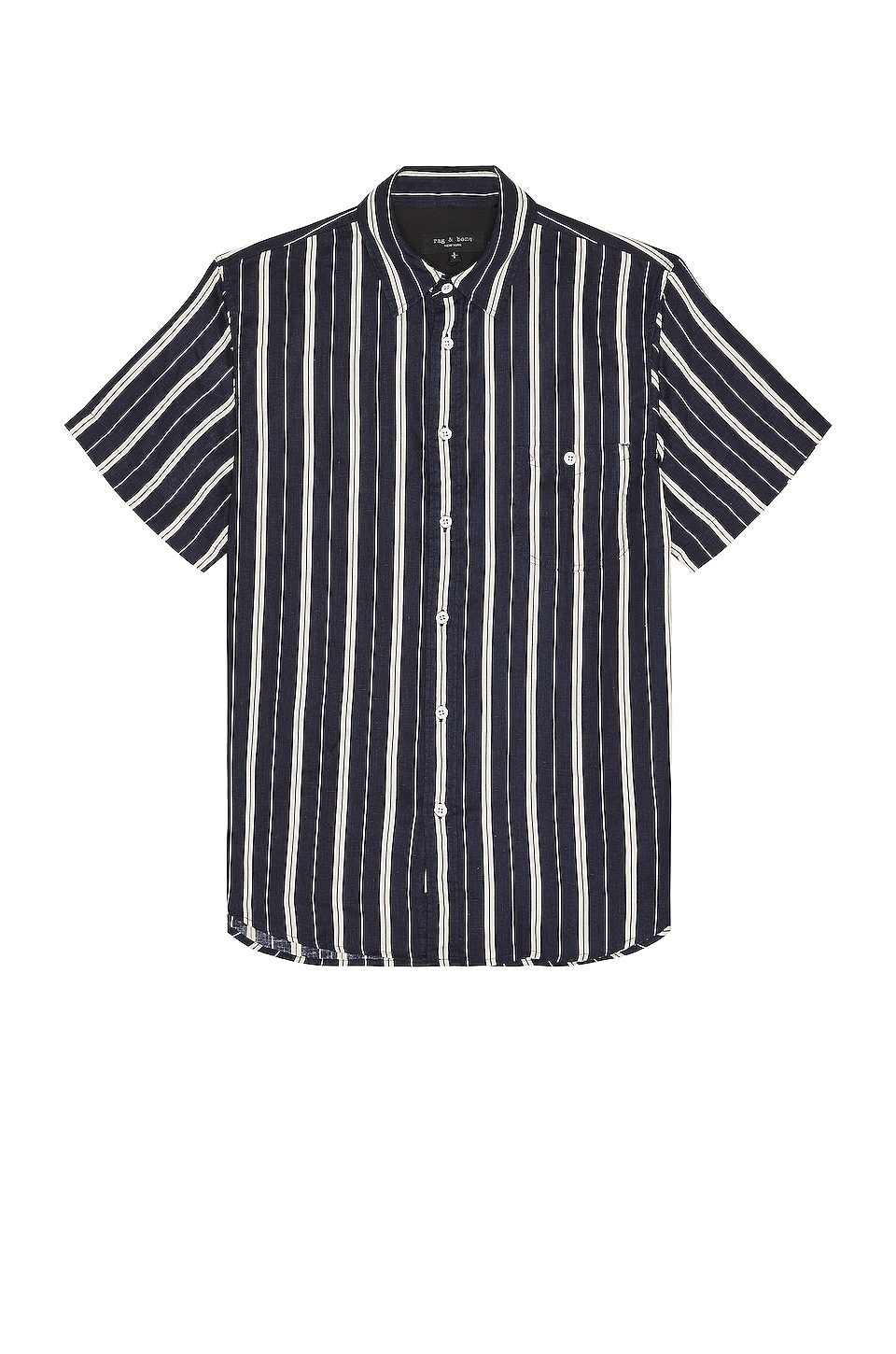 Rag & Bone Gus Short Sleeve Linen Shirt in Navy Blue Stripe