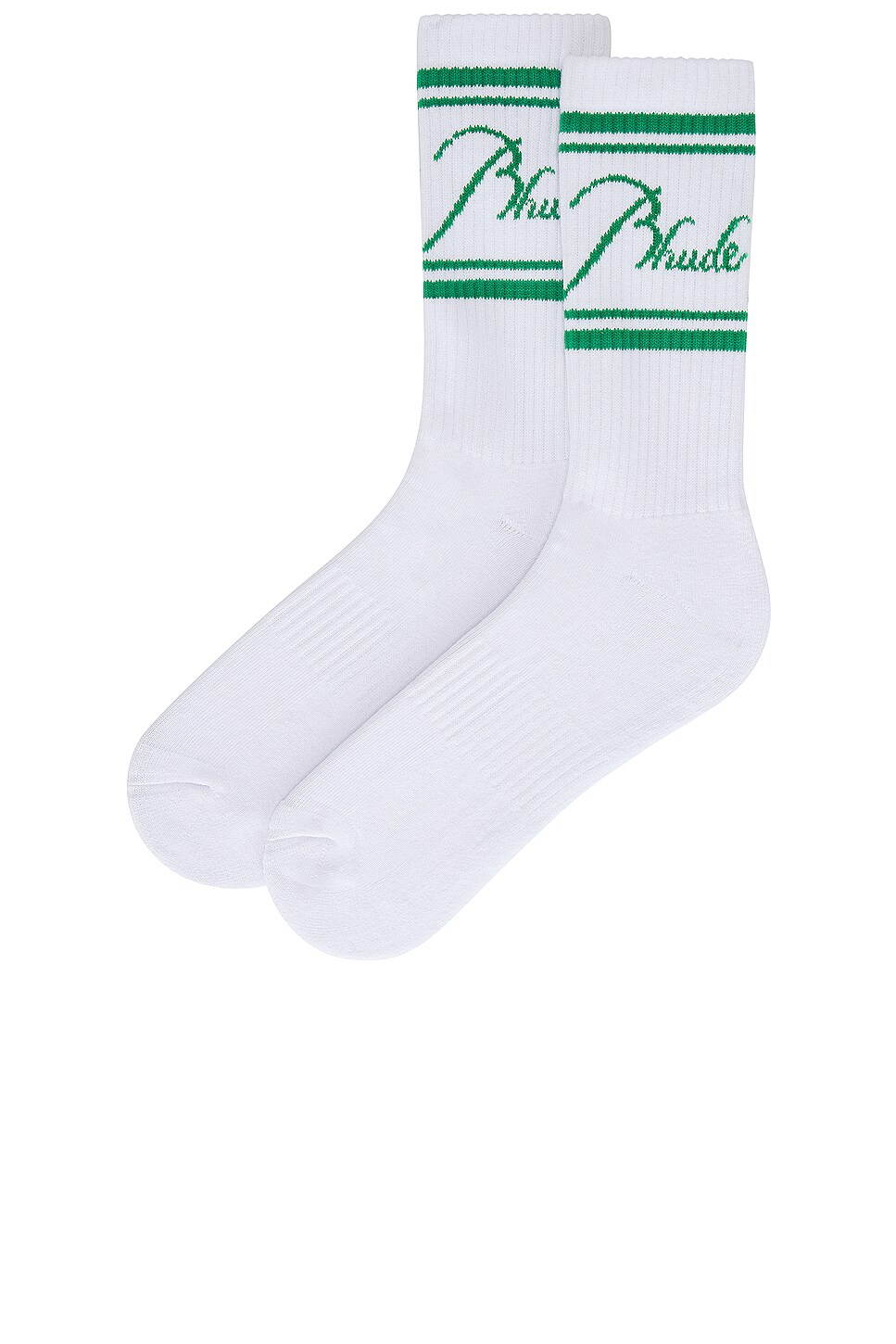 Rhude Script Logo Socks in White & Green | REVOLVE