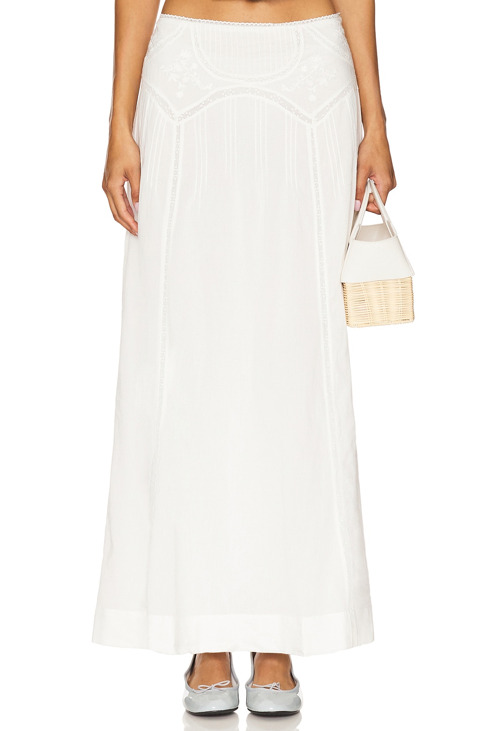RIXO リキソー ブランド スカート Vienne embroidered 1024699 Vienne Cotton Midi Skirt in White Pansy Embroidery Ivory