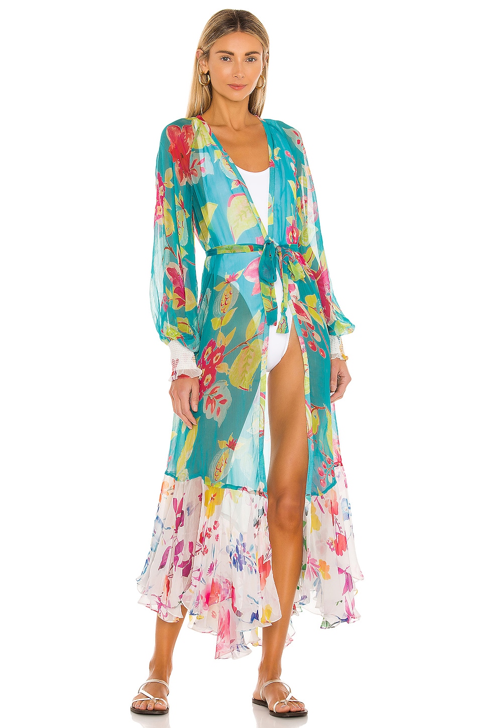 ROCOCO SAND Leia Kimono in Turquoise & Off White