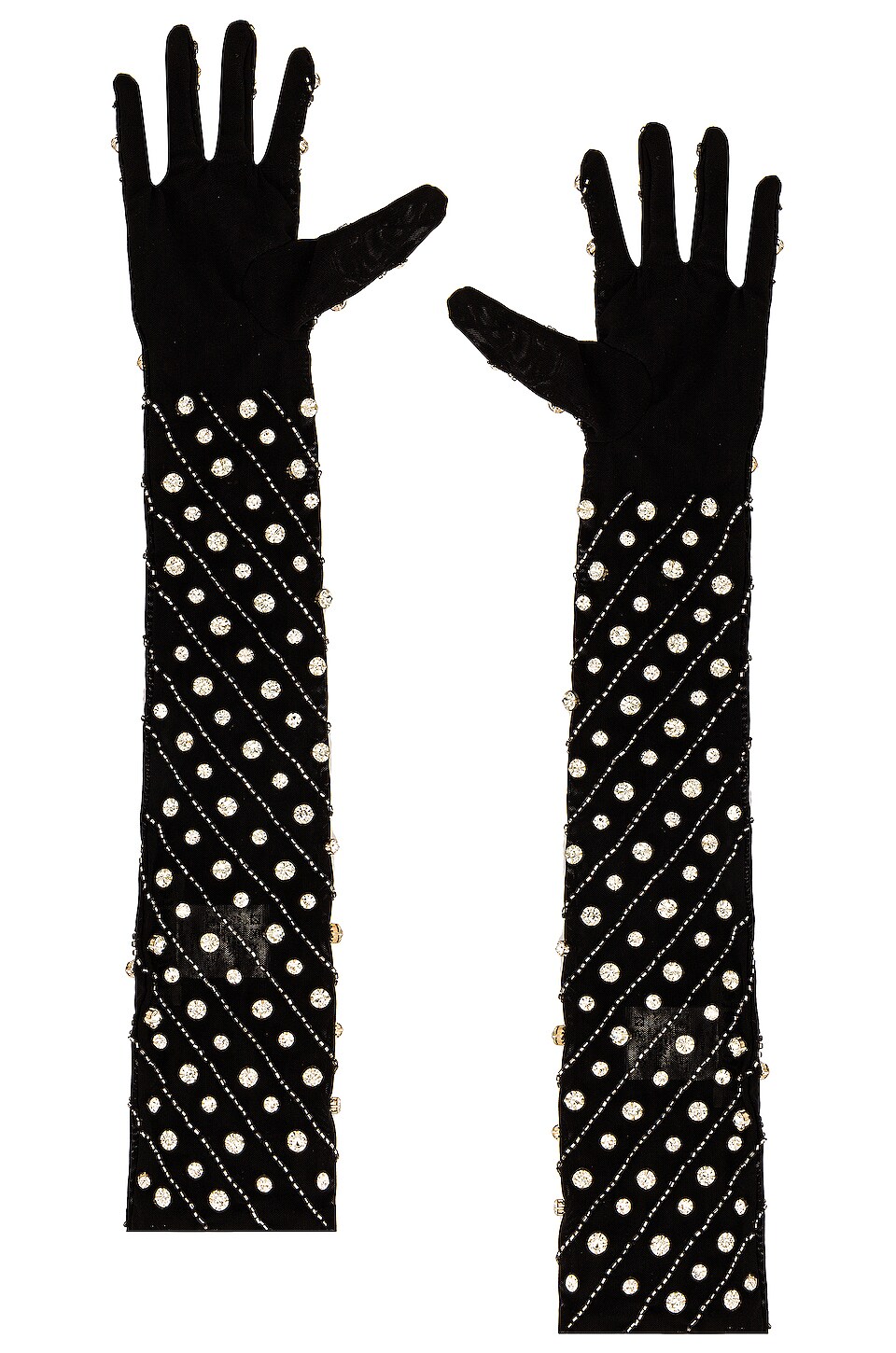 retrofete Blaire Long Embellished Gloves in Clear, Silver, & Black