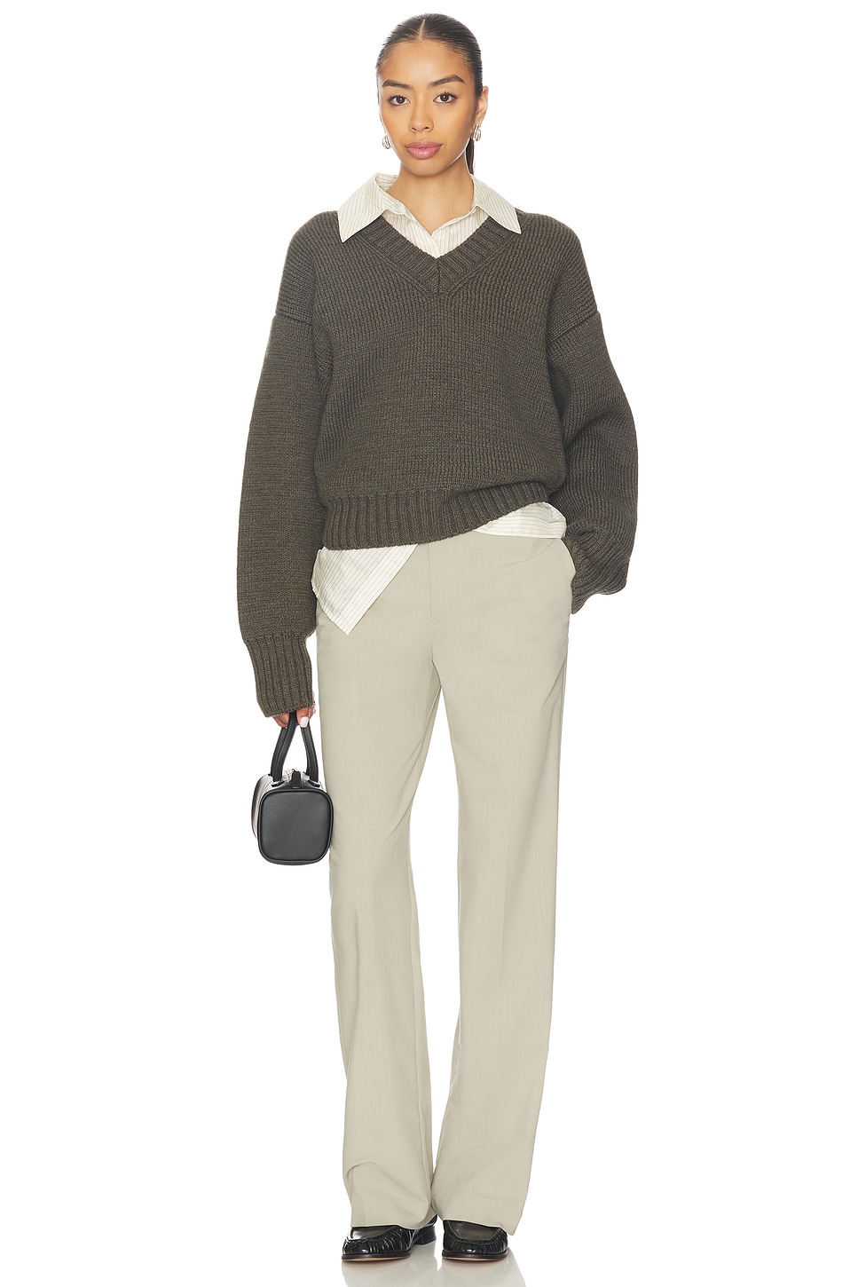 Rohe Sculptural Compact V-Neck Pullover in Forest Melange | REVOLVE