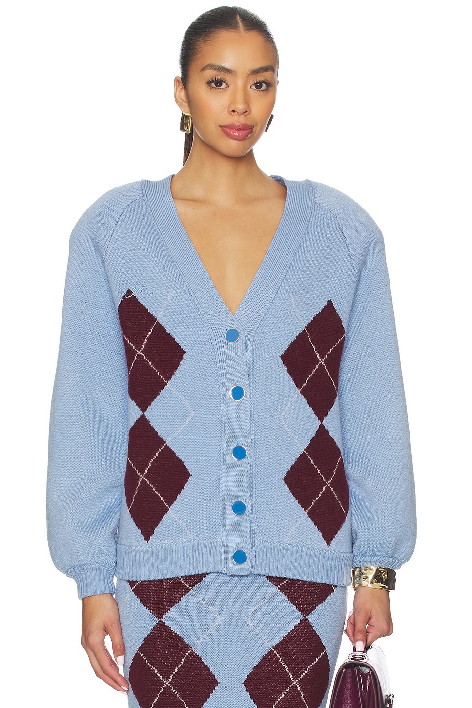 Rowen Rose Knit Cardigan in Blue With Bordeaux Pattern | REVOLVE