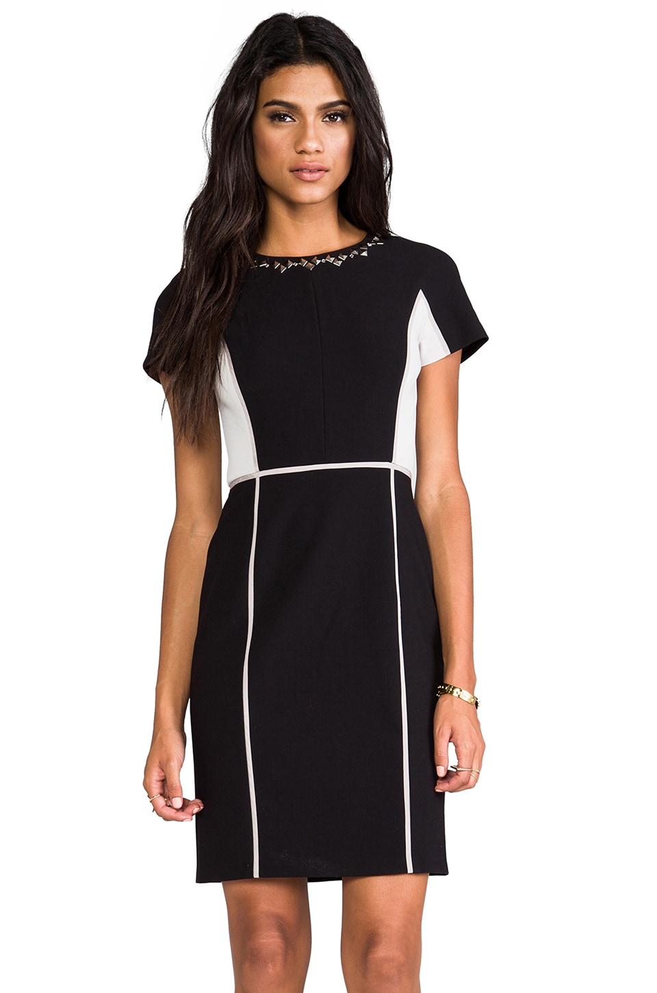 Rebecca Taylor Blocked Dress w/ Embellishment in Black/Shady