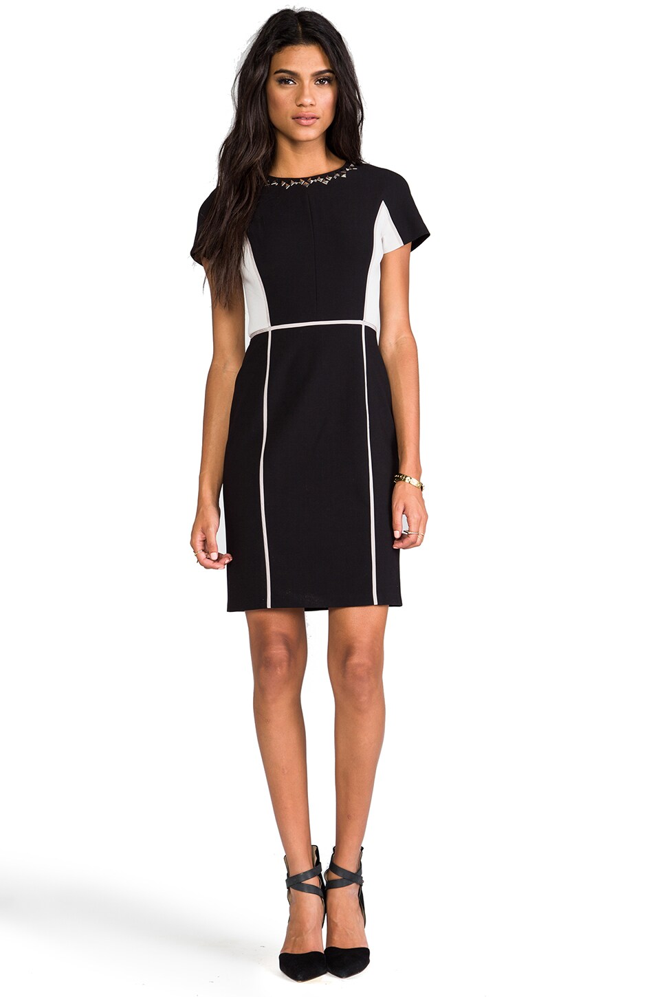 Rebecca Taylor Blocked Dress w/ Embellishment in Black/Shady