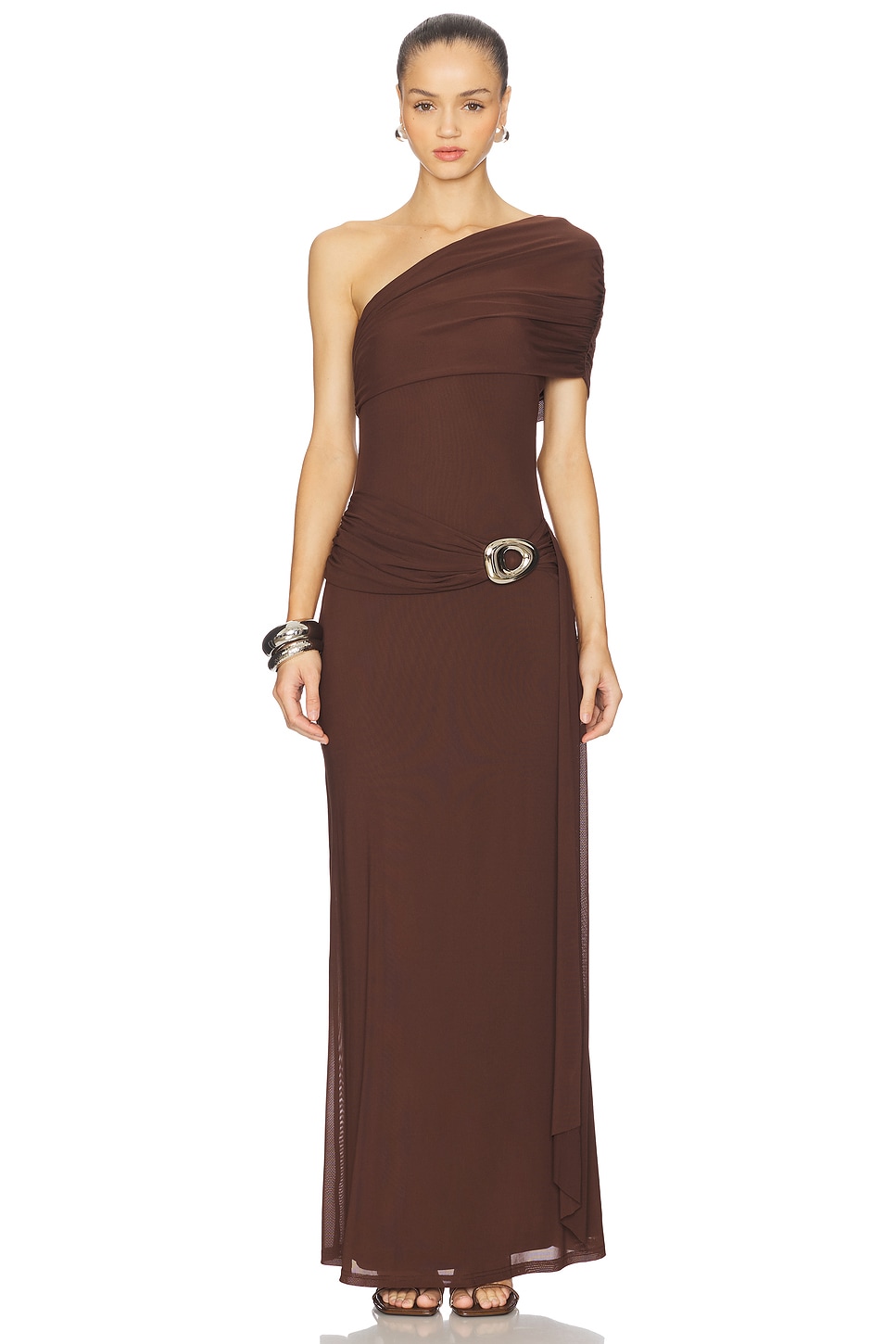 Runaway The Label Kassi Draped One Shoulder Midi Dress in Bitter