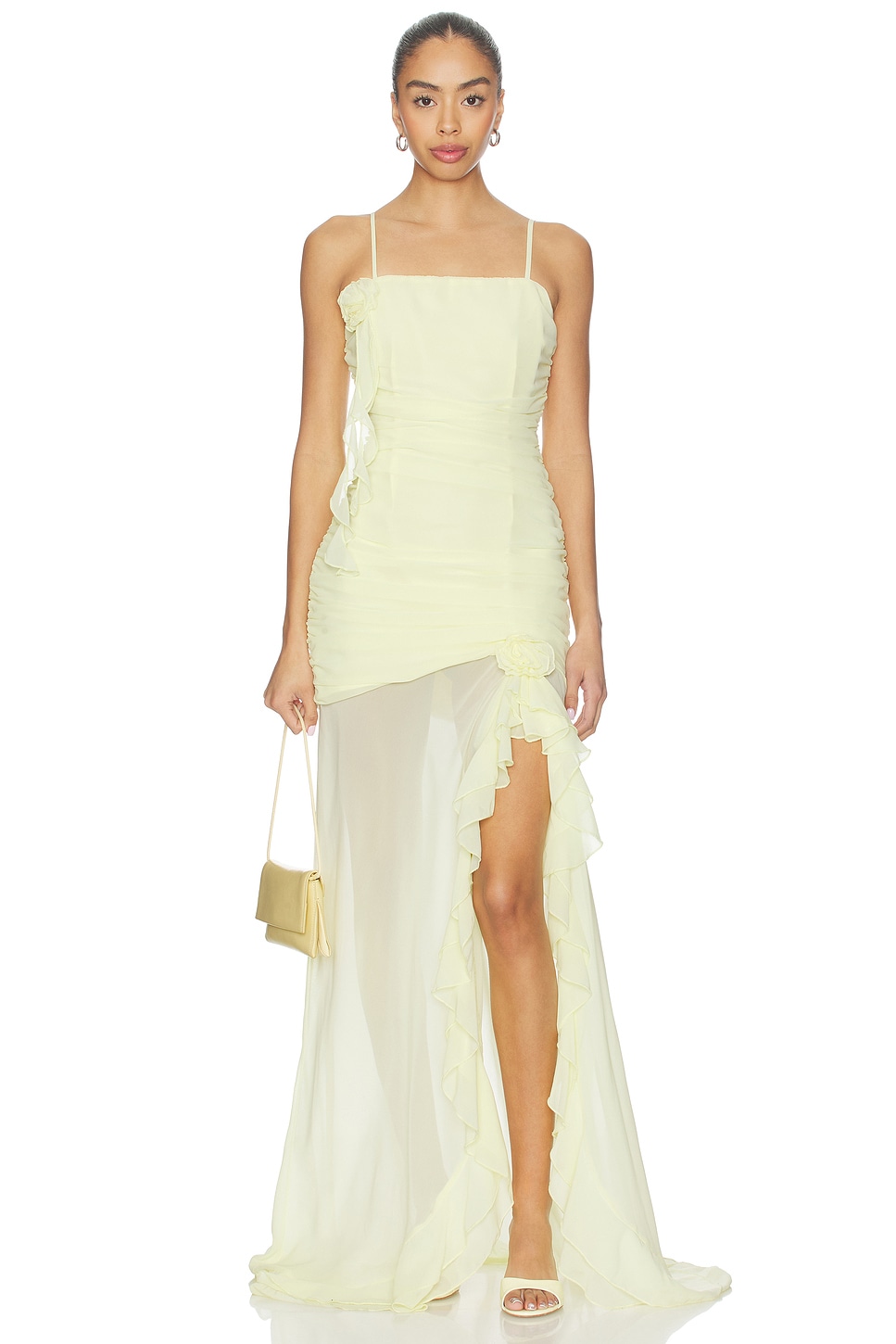 Runaway The Label Eziya Ruched Frill Trim Maxi Dress in Lemon | REVOLVE