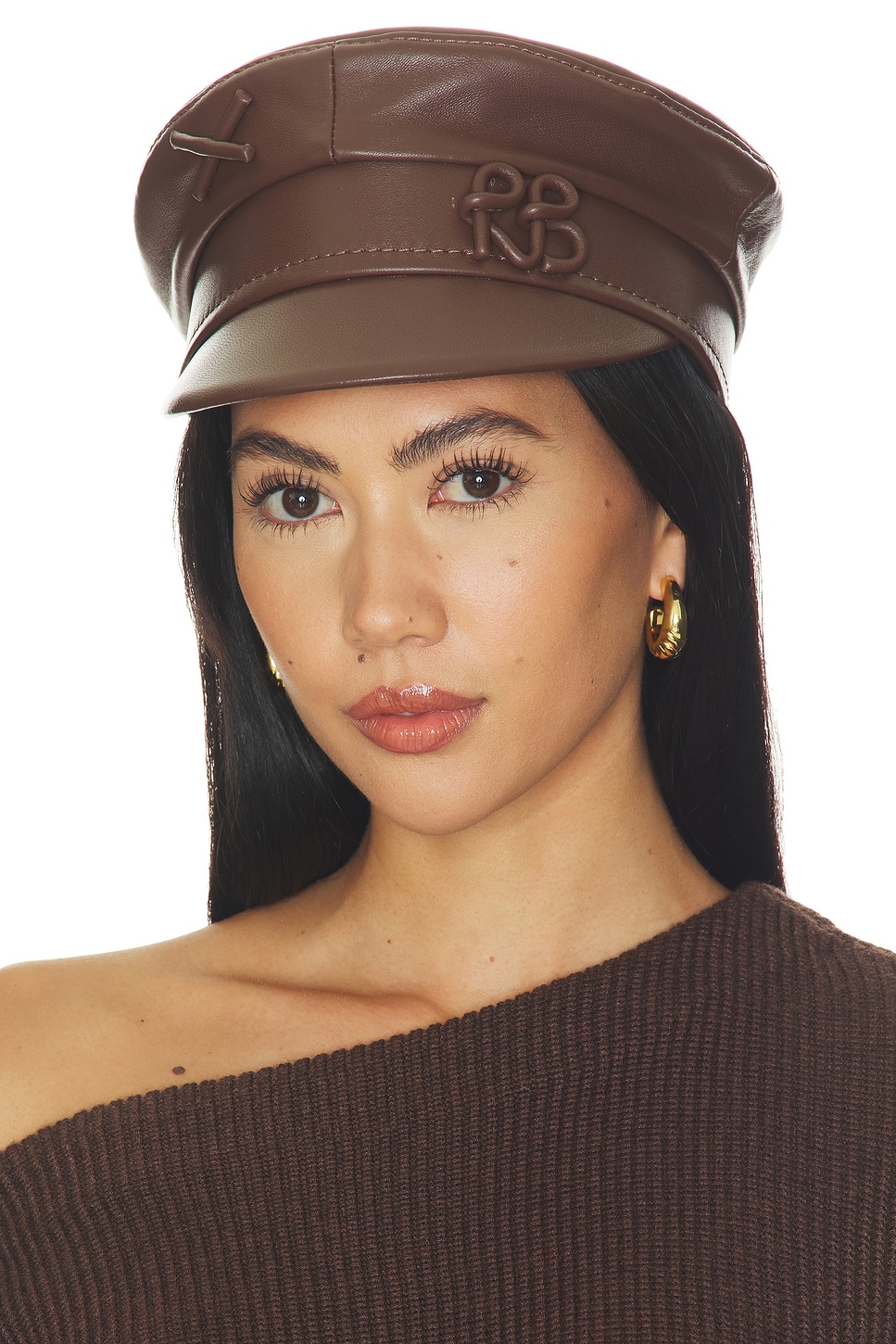 Monogram Embellished Leather Baker Boy Cap - thumbnail 2