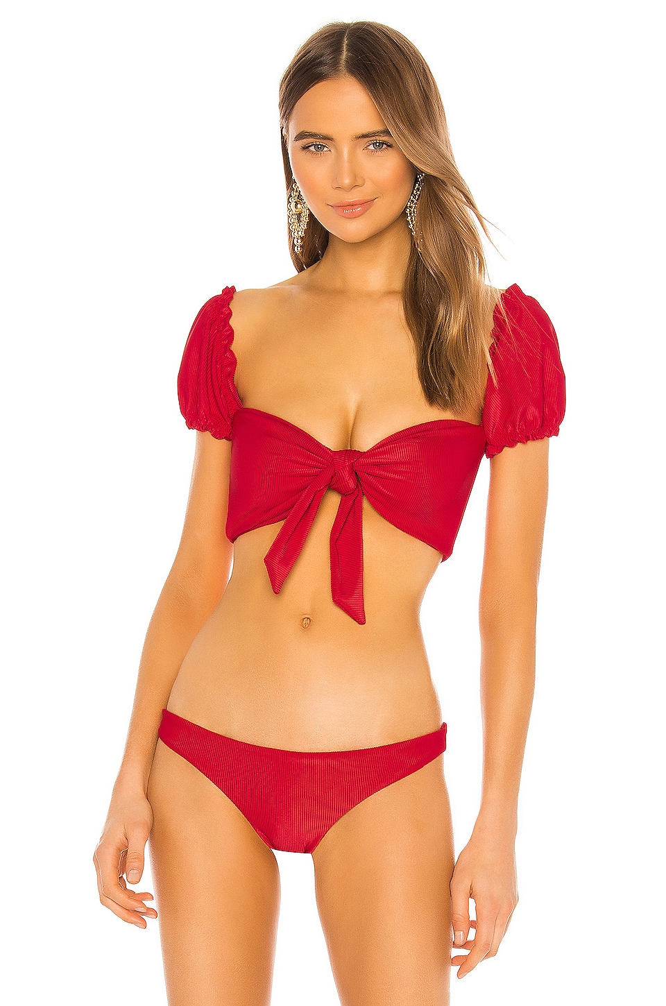 избранноеSkin by SAME Ruffle Sleeve Bikini Top in Ribbed Red. 