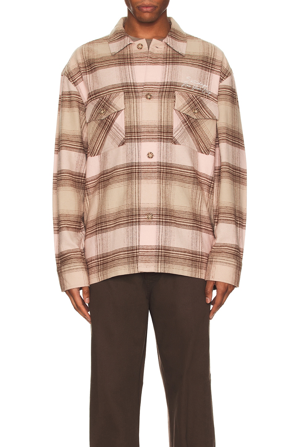 SATURDAYS NYC Driessen Flannel Overshirt in Strawberry Cream | REVOLVE