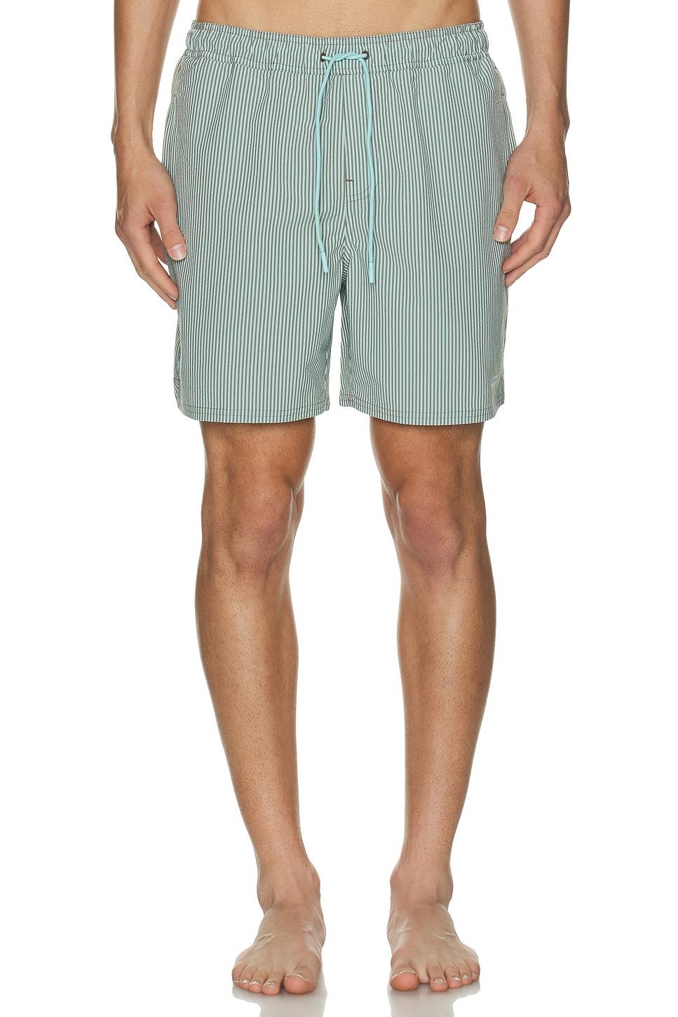 SATURDAYS NYC Timothy Seersucker Stripe Swim Short in Canal Blue 
