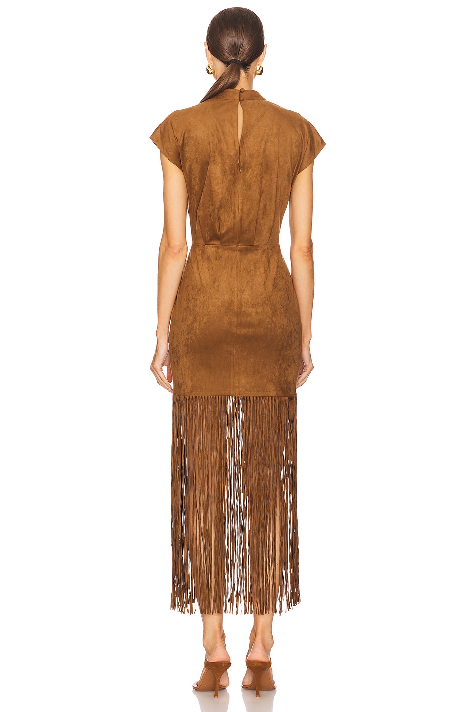 brown suede dress with fringe Embroidered Front Suede Fringe Tiered Dress Medium / Camel main image 1
