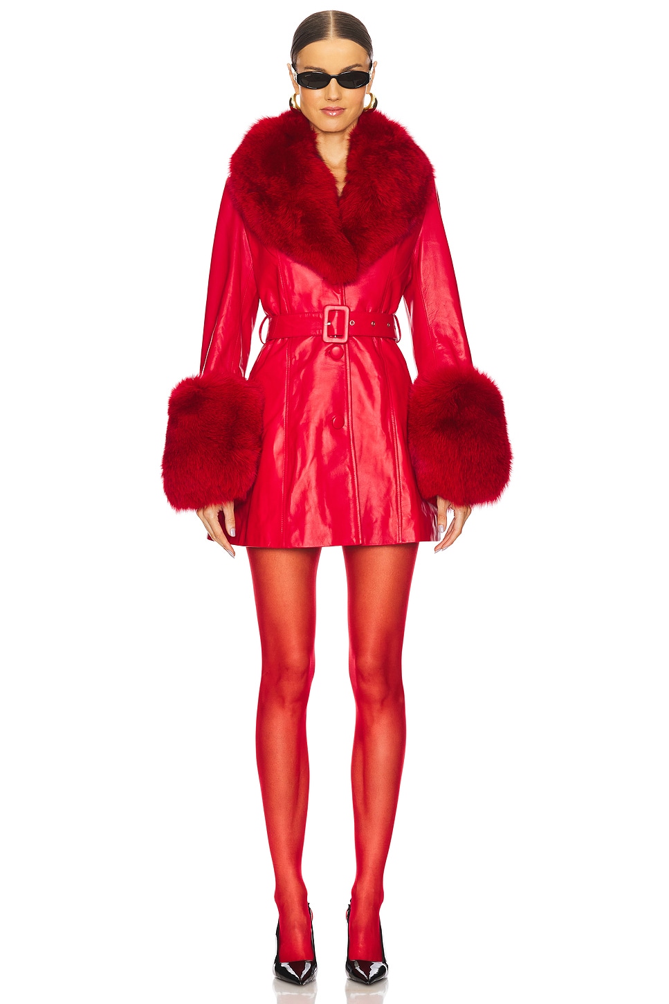 Susanna Chow Roxy Leather Coat With Fur Trim in Red | REVOLVE