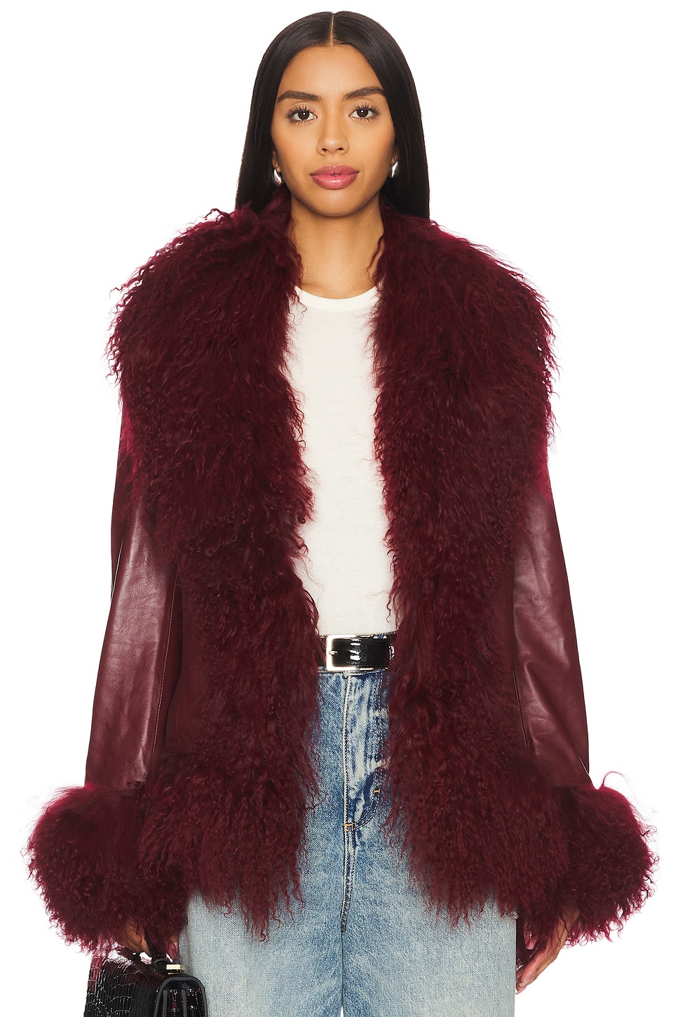 Susanna Chow Dorothy Leather Coat With Fur Trim in Burgundy | REVOLVE