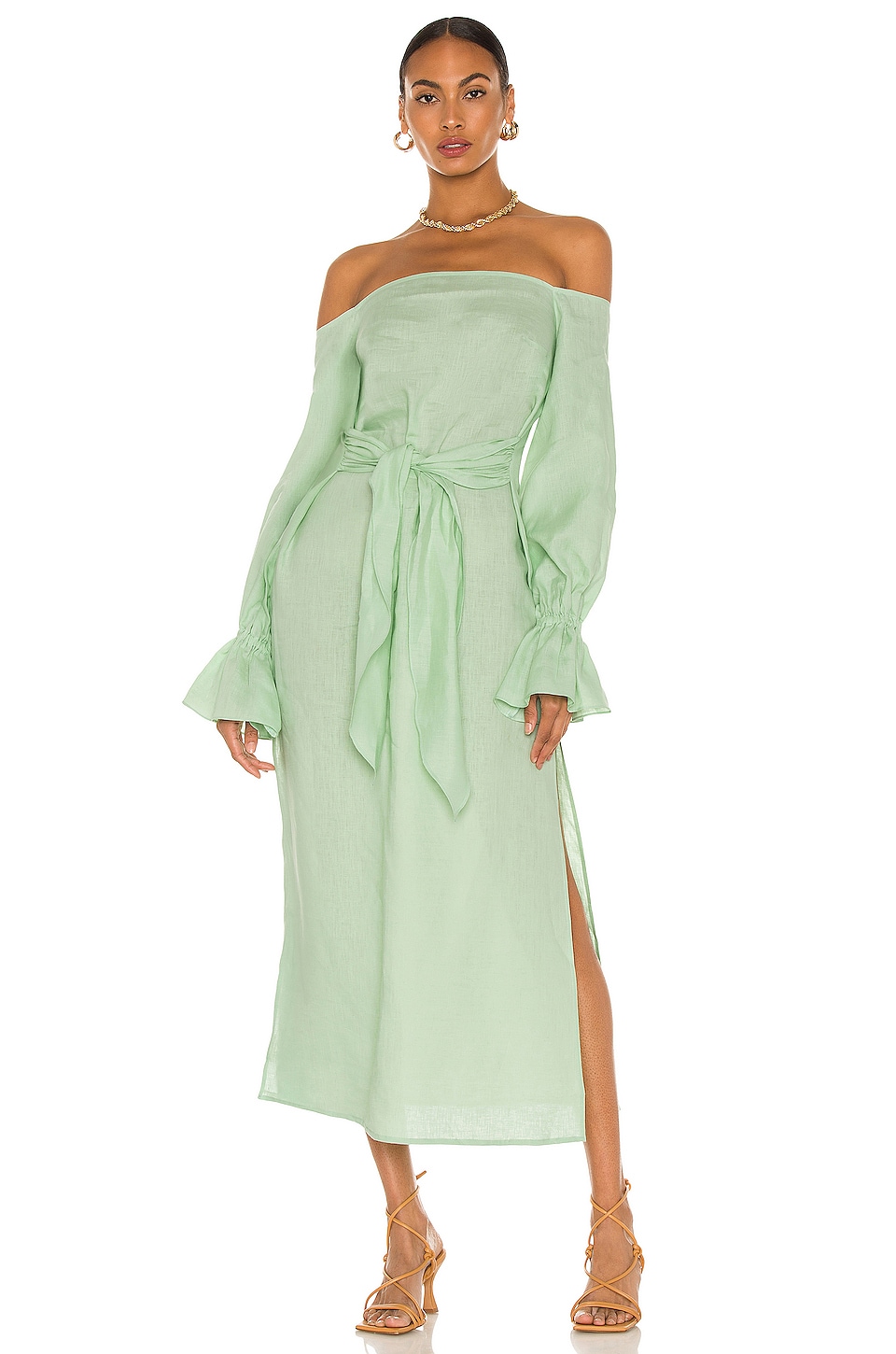 SELMACILEK Off Shoulder Maxi Linen Dress Mint Green