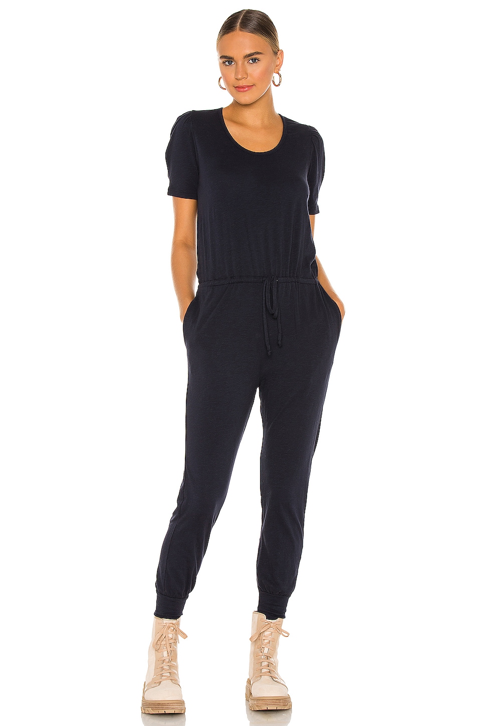 SUNDRY Puff Sleeve Jumpsuit in Navy | REVOLVE