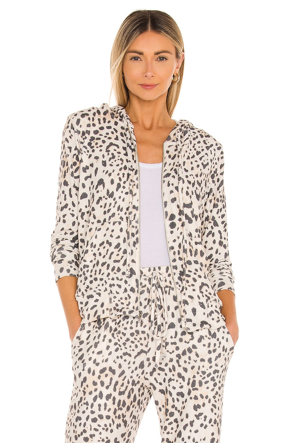 SUNDRY Leopard Zip Hoodie in Cream REVOLVE