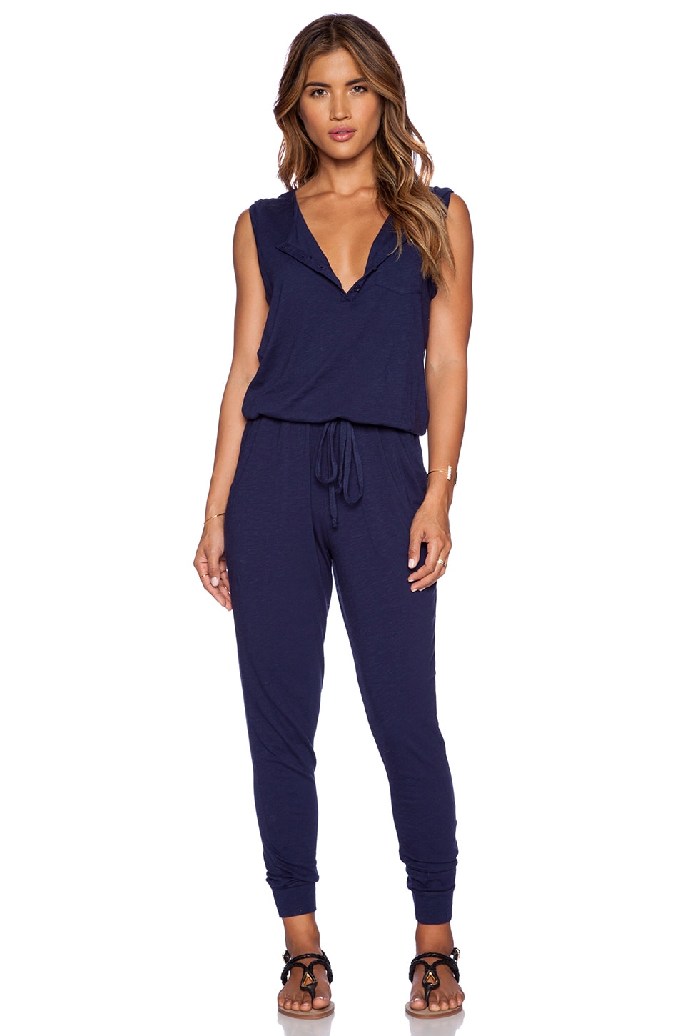 sleeveless navy jumpsuit