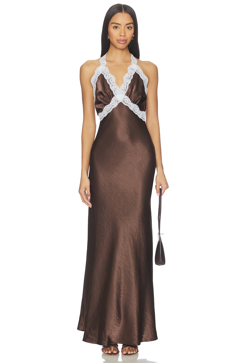 knee length dresses for ladies Tonya Halterneck Lace Detail Satin Maxi Dress main image 0