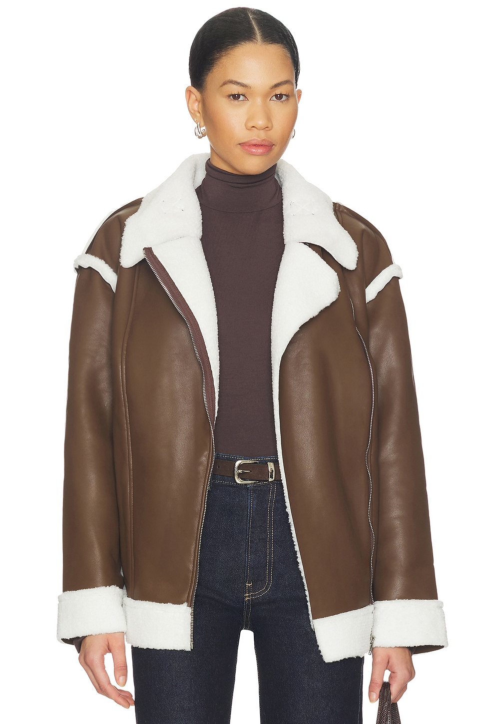 SNDYS - London Oversized Biker Jacket in Brown | Plush