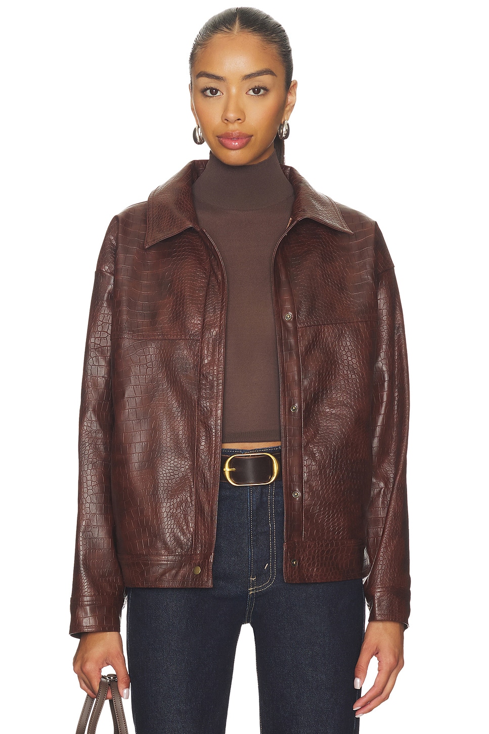 SNDYS Wendy Croc Pu Leather Jacket in Brown | REVOLVE
