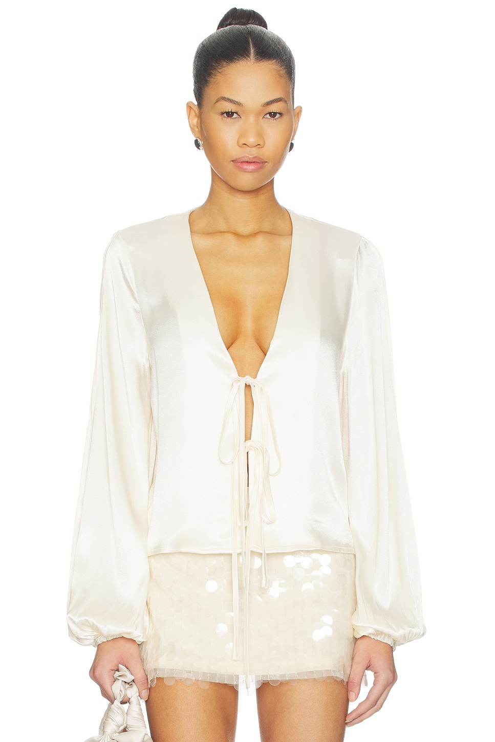 SNDYS Lucille Tie Front Long Sleeve Top in Champagne | REVOLVE