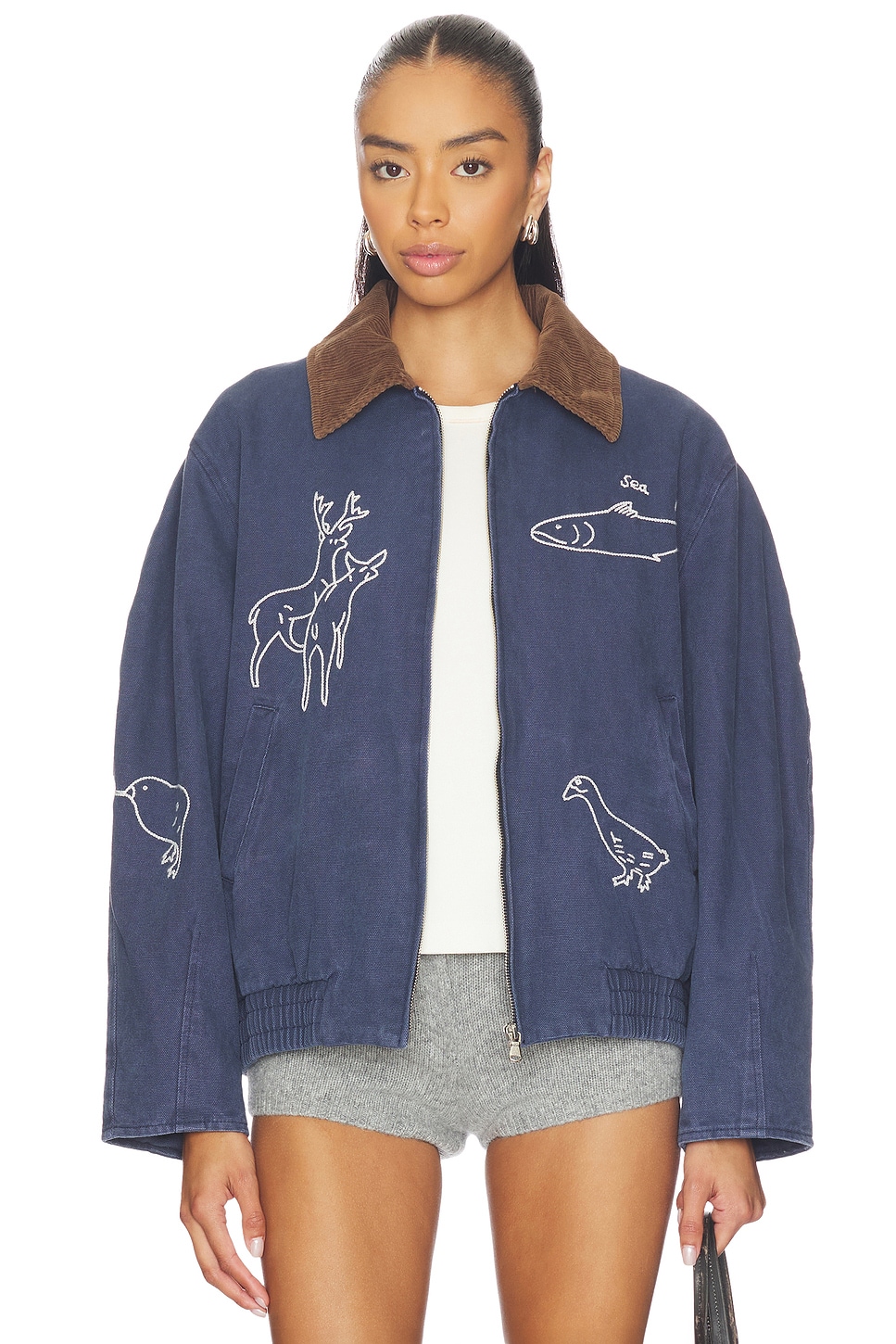 ロージーモンスター ceremony scallop jacket Sea Demi French Workwear Long Sleeve Jacket in Blue | REVOLVE