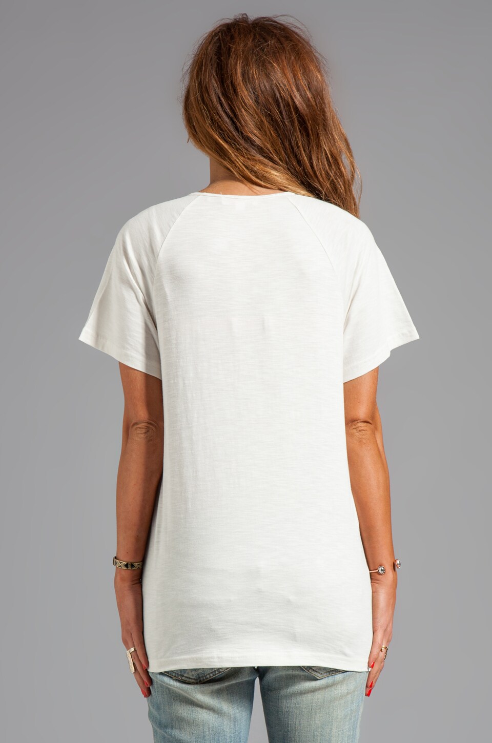 See By Chloe Short Sleeve V-Neck Slit Tee Shirt in White/Powder Pink/Pink