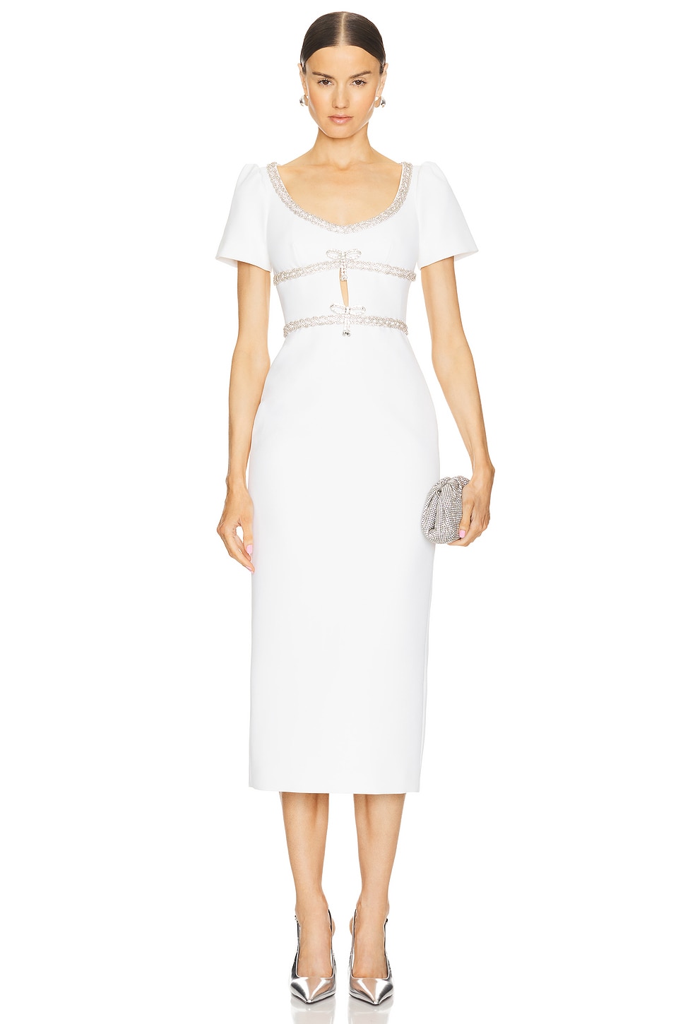 self-portrait Diamante Bow Trim Midi Dress in White | REVOLVE