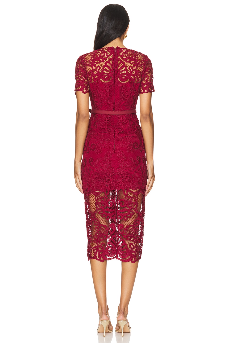 ワンピース SELF PORTRAIT Lace midi dress with jewel button self-portrait Red Guipure Lace Button Midi Dress in Red
