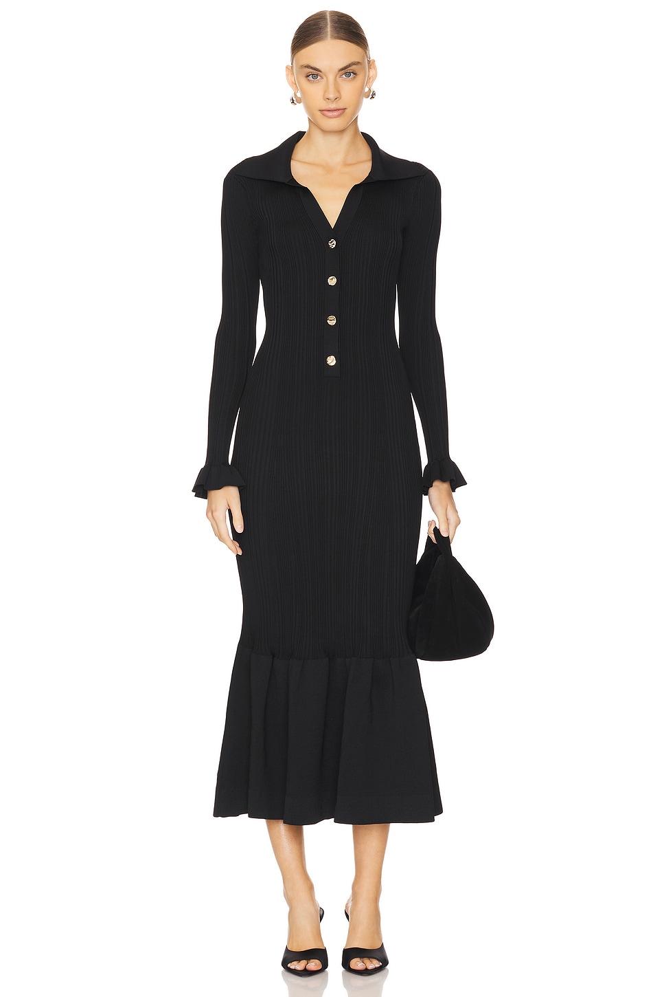 ribbed knit fluted midi dress