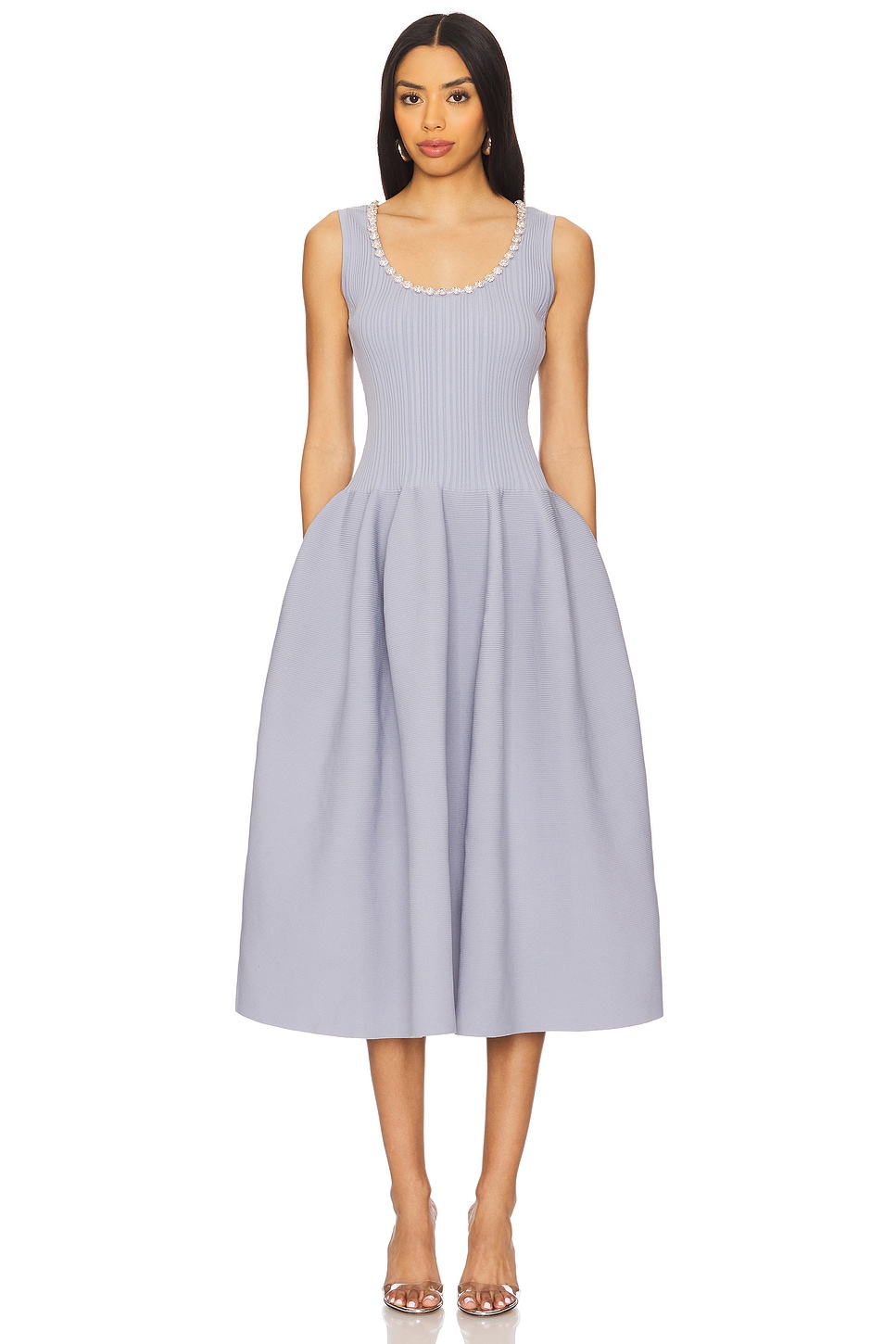 SELF-PORTRAIT リブ編み ミディ丈ドレス self-portrait DRESS ミディ丈ドレス - Blue | REVOLVE