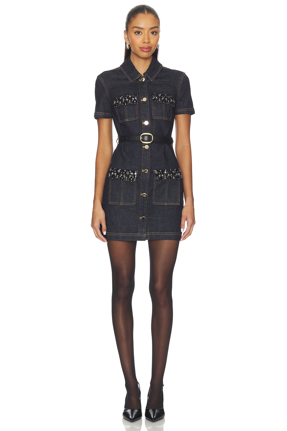 self-portrait Denim Crystal Trim Mini Dress in Blue | REVOLVE