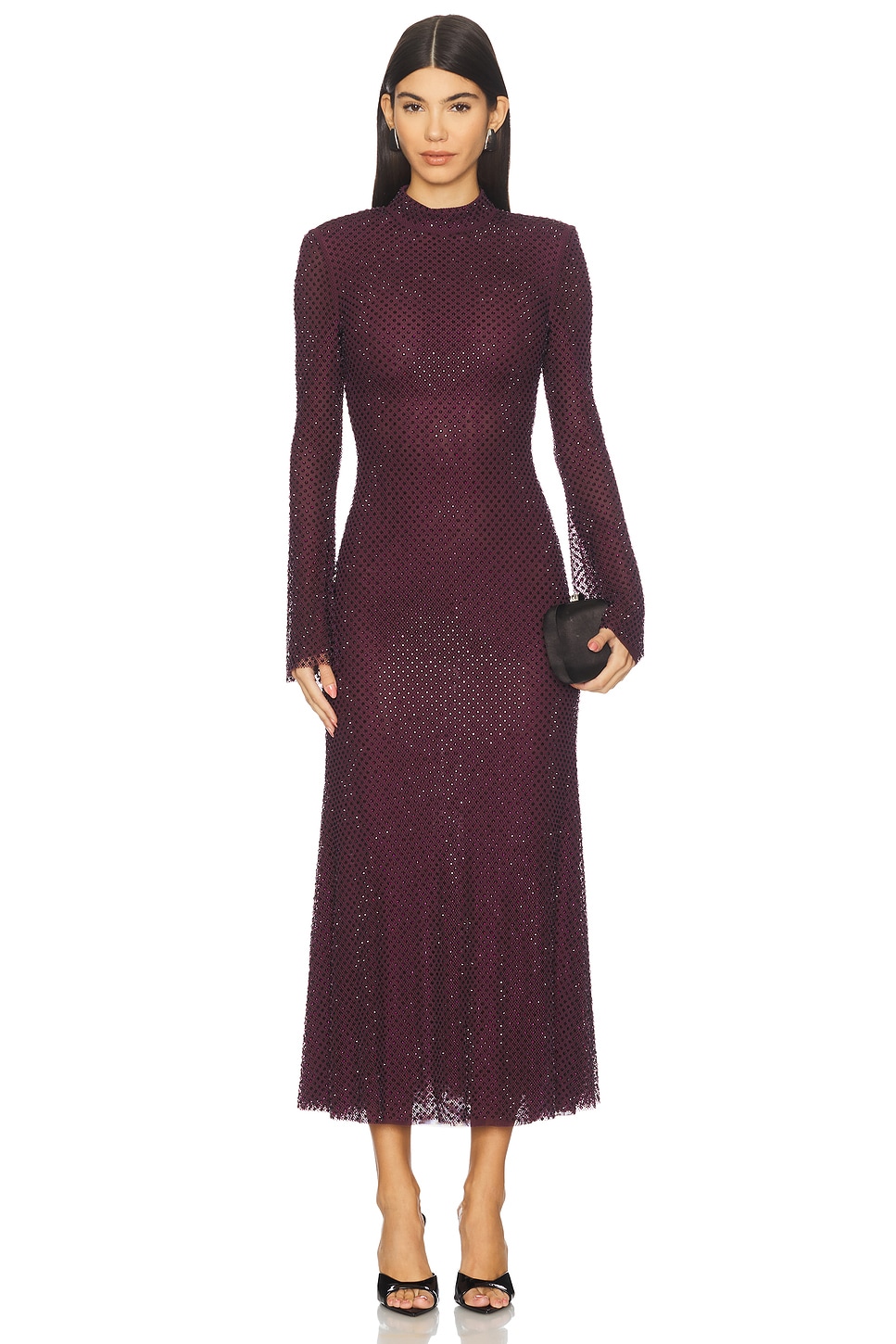 Burgundy Rhinestone Fishnet Midi Dress
