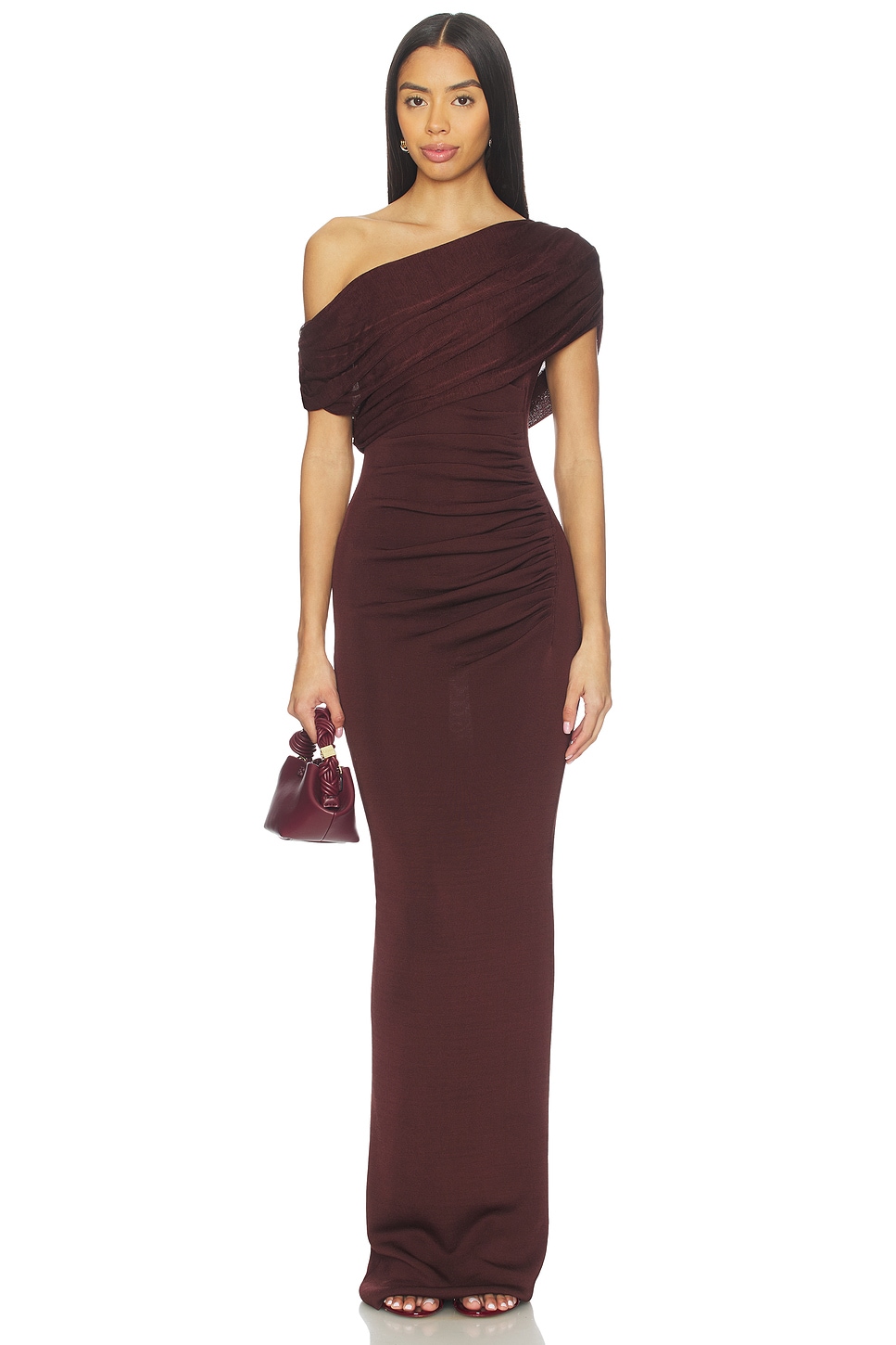 self portrait one shoulder midi dress Burgundy rhinestone jersey one-shoulder midi dress