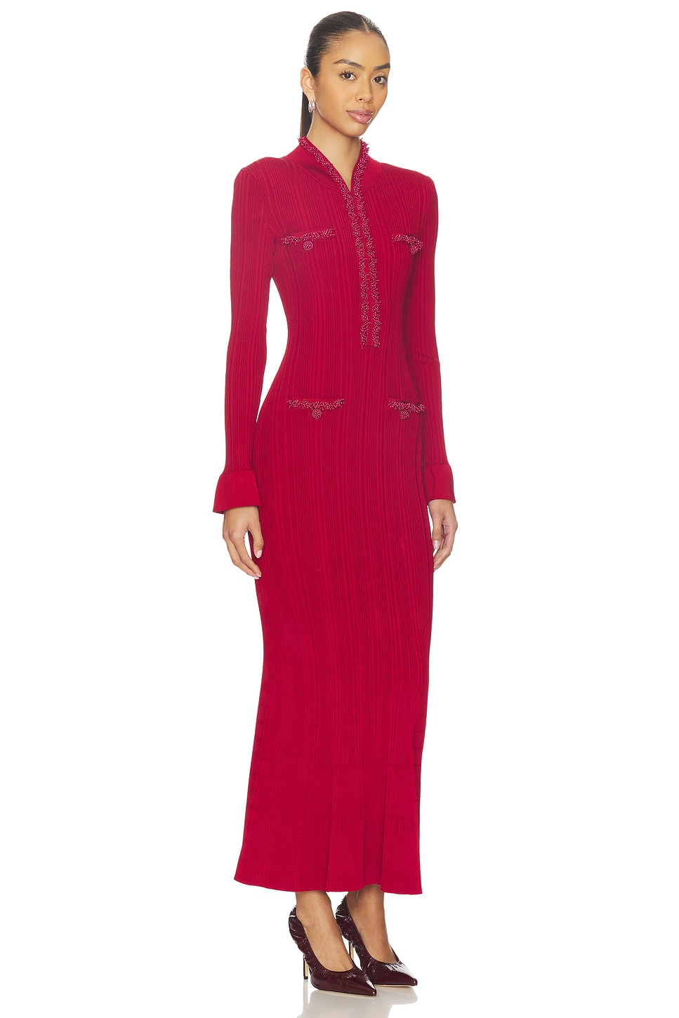 Red Pearl Trim Knit Midi Dress - thumbnail 3