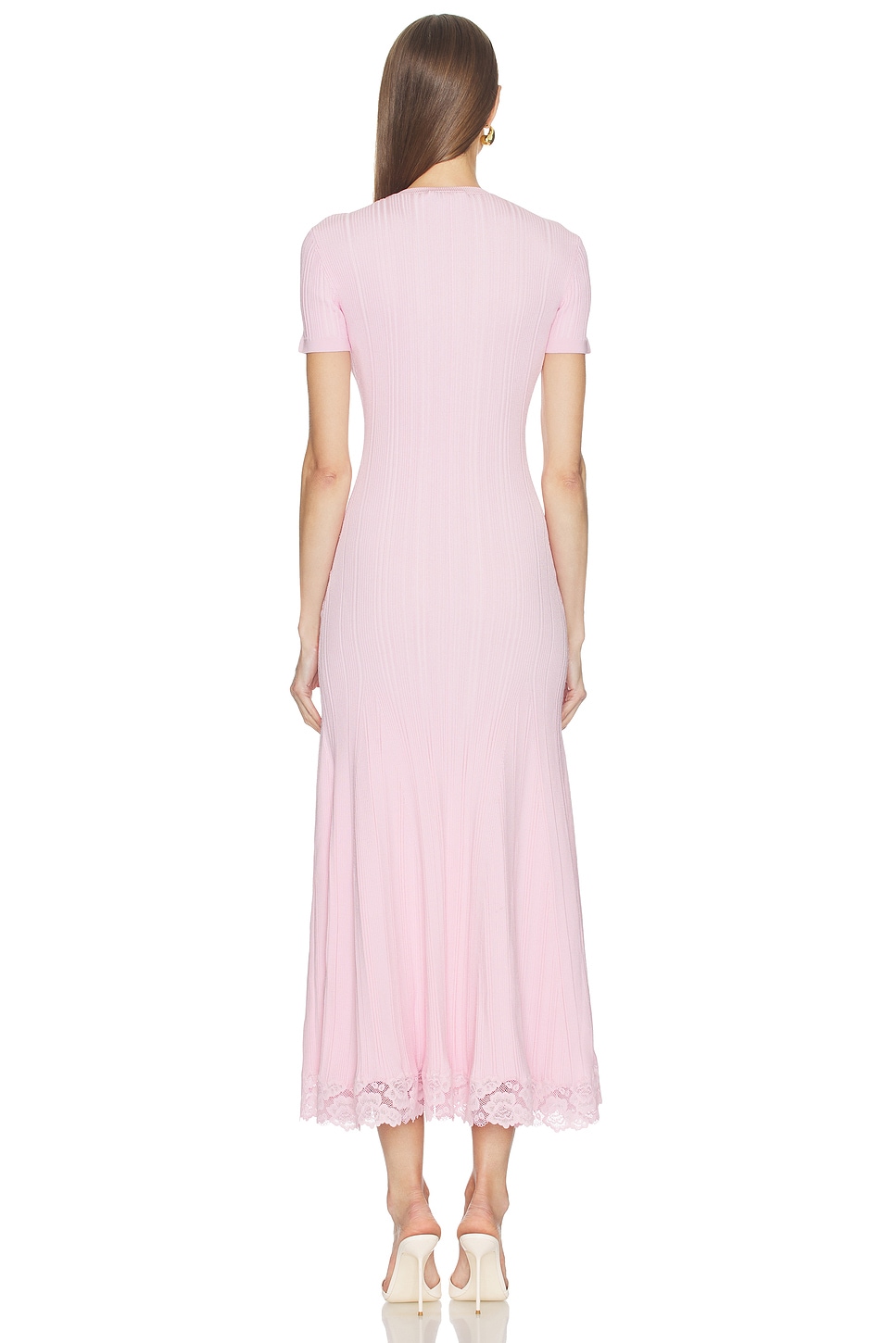 self-portrait Pink Knit Lace Insert Midi Dress in Pink | REVOLVE