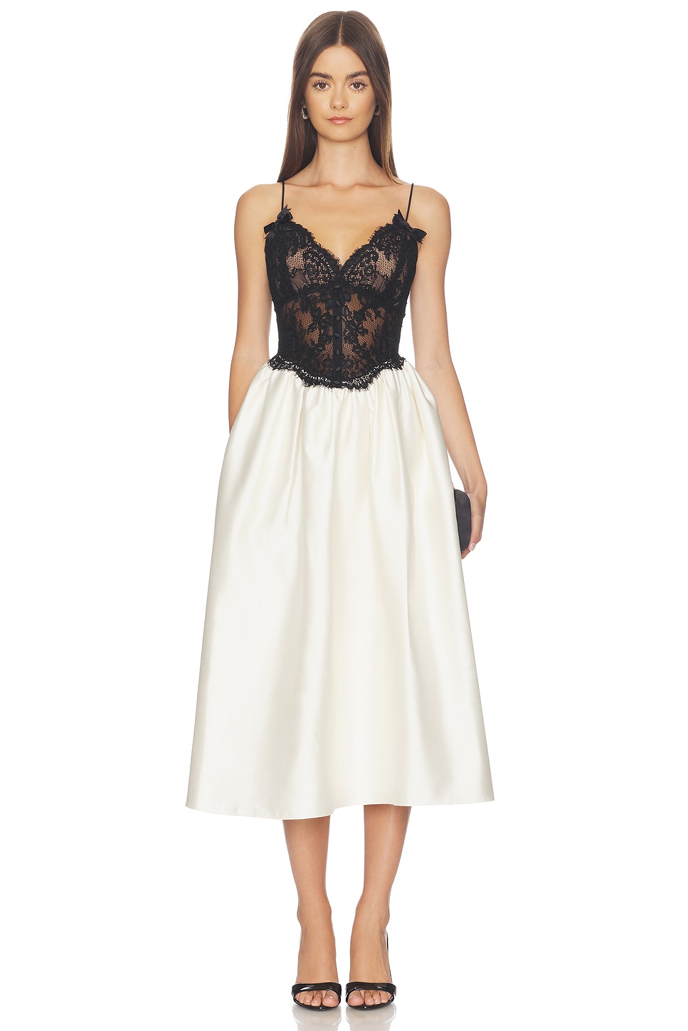 Cream Taffeta Contrast Lace Midi Dress