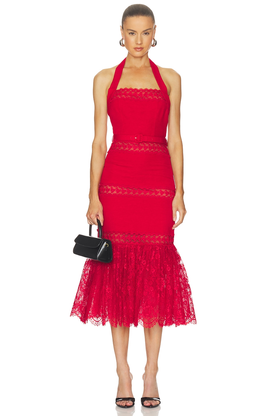 Red Linen Blend Lace Midi Dress