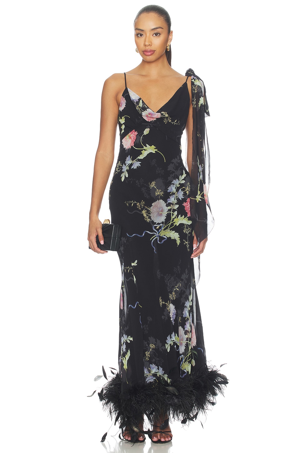 Black Floral Georgette Feather Maxi Dress