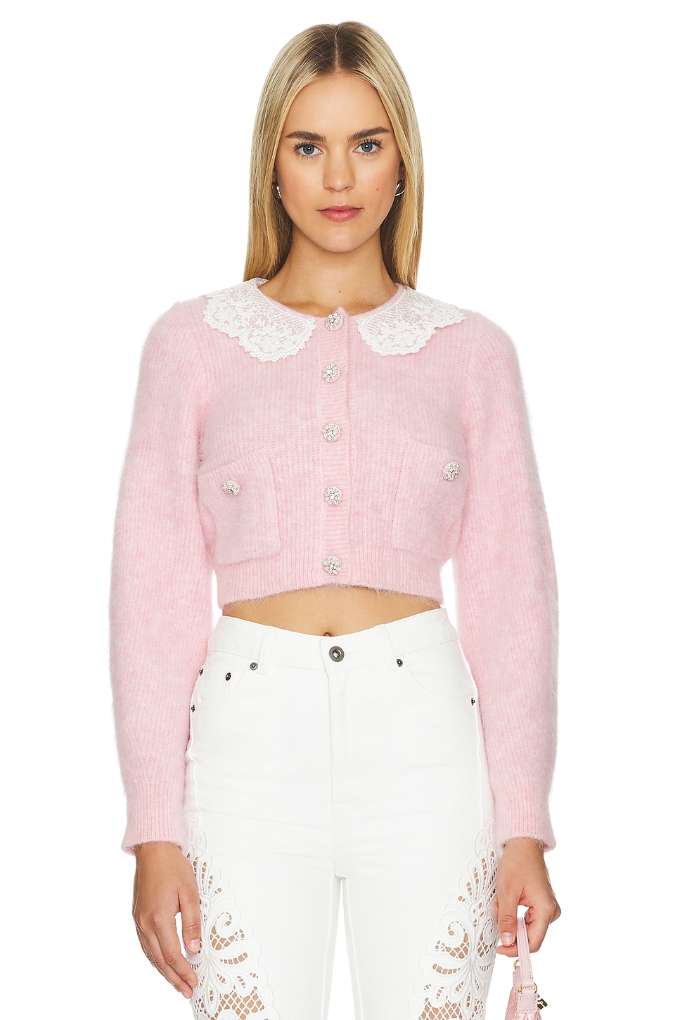 トップス self-portrait cardigan size S Pink Cut Out Lace Detail Cardigan – self-portrait-US
