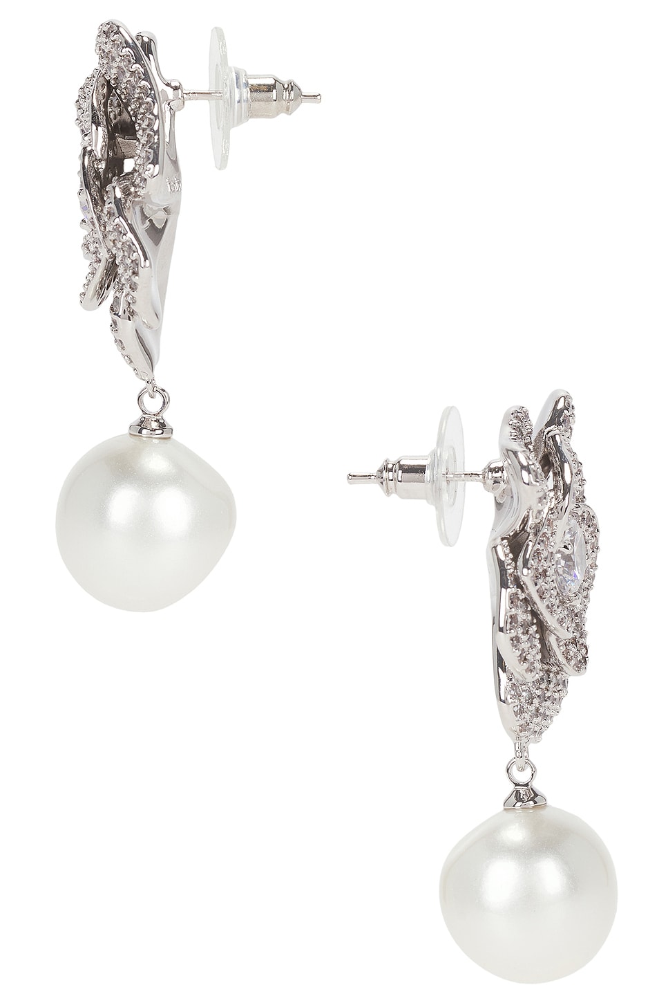 self-portrait Crystal Flower Pearl Earrings in Silver | REVOLVE