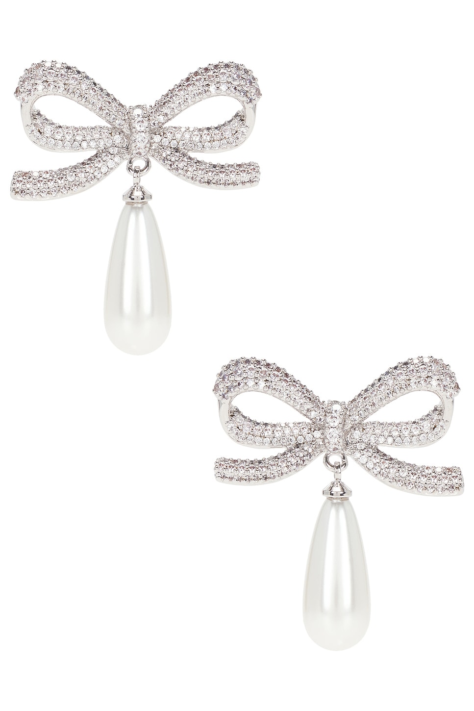 self-portrait Crystal Bow Pearl Droplet Earrings in Silver