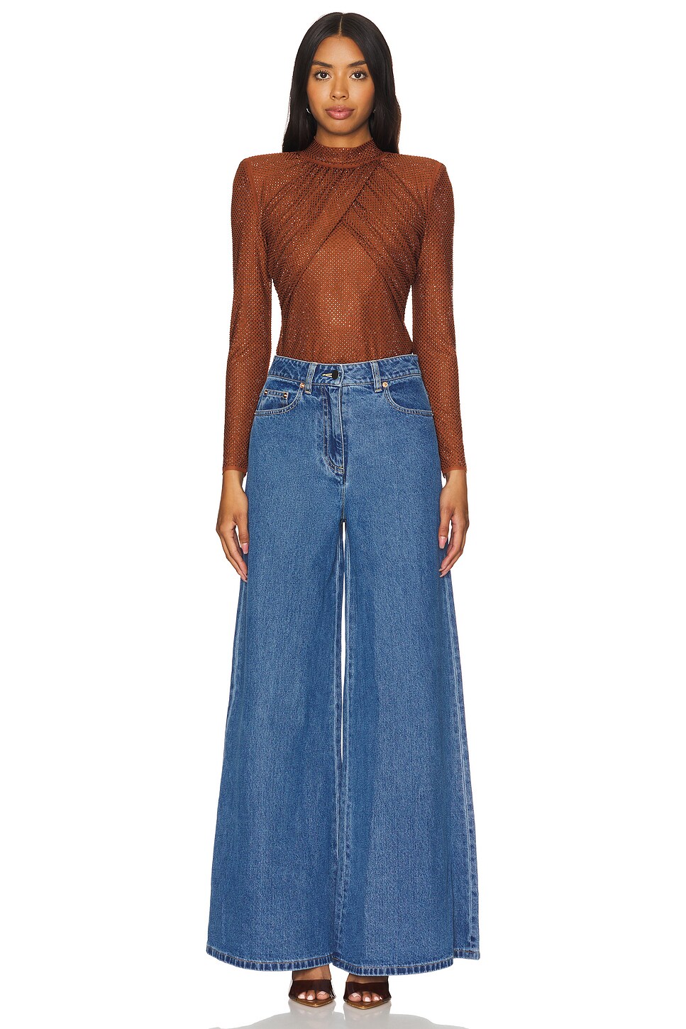 self-portrait Rhinestone Mesh Top in Brown | REVOLVE