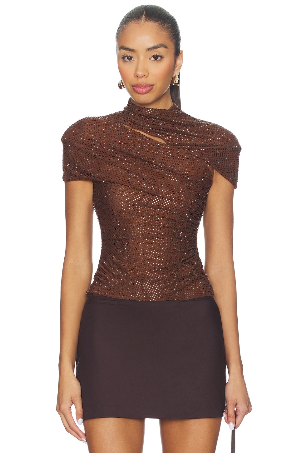 self-portrait Rhinestone Mesh Cut Out Top in Brown | REVOLVE