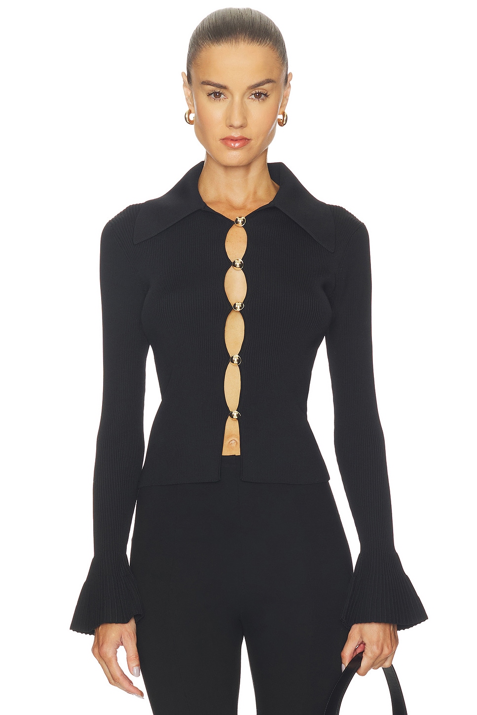 self-portrait Button Down Knit Top in Black | REVOLVE