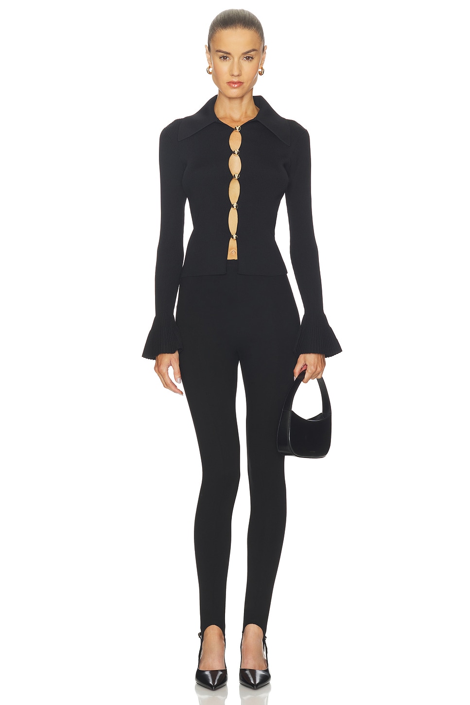 self-portrait Button Down Knit Top in Black | REVOLVE