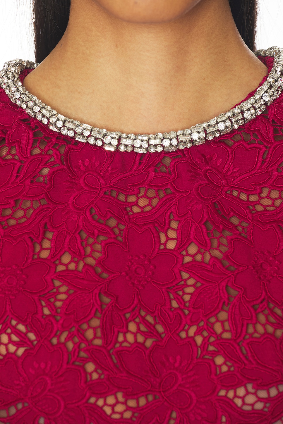 self-portrait Red Lace Crystal Trim Top in Burgundy | REVOLVE